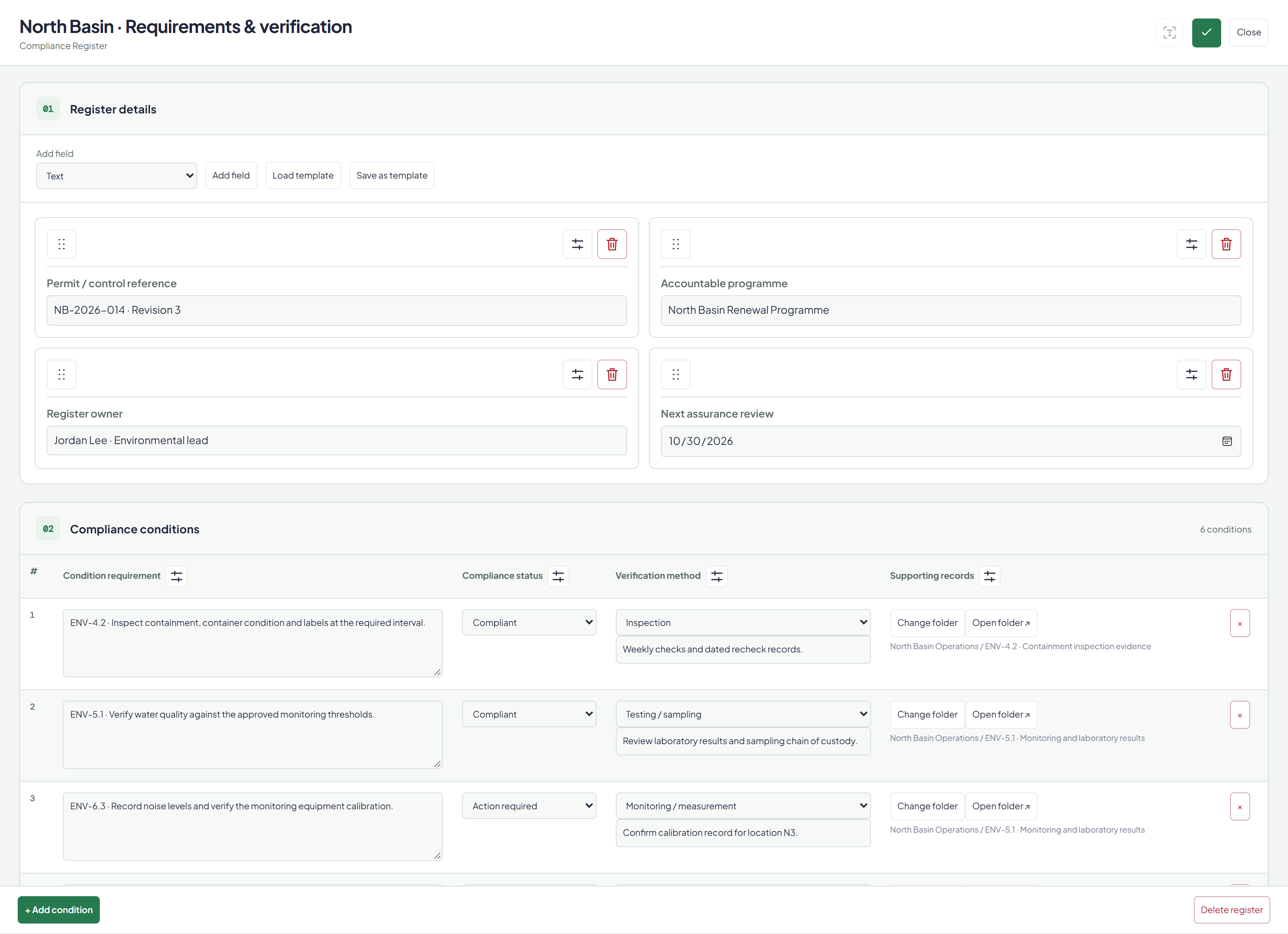 Actual register editor with inspection, sampling, measurement and certification methods and linked evidence folders