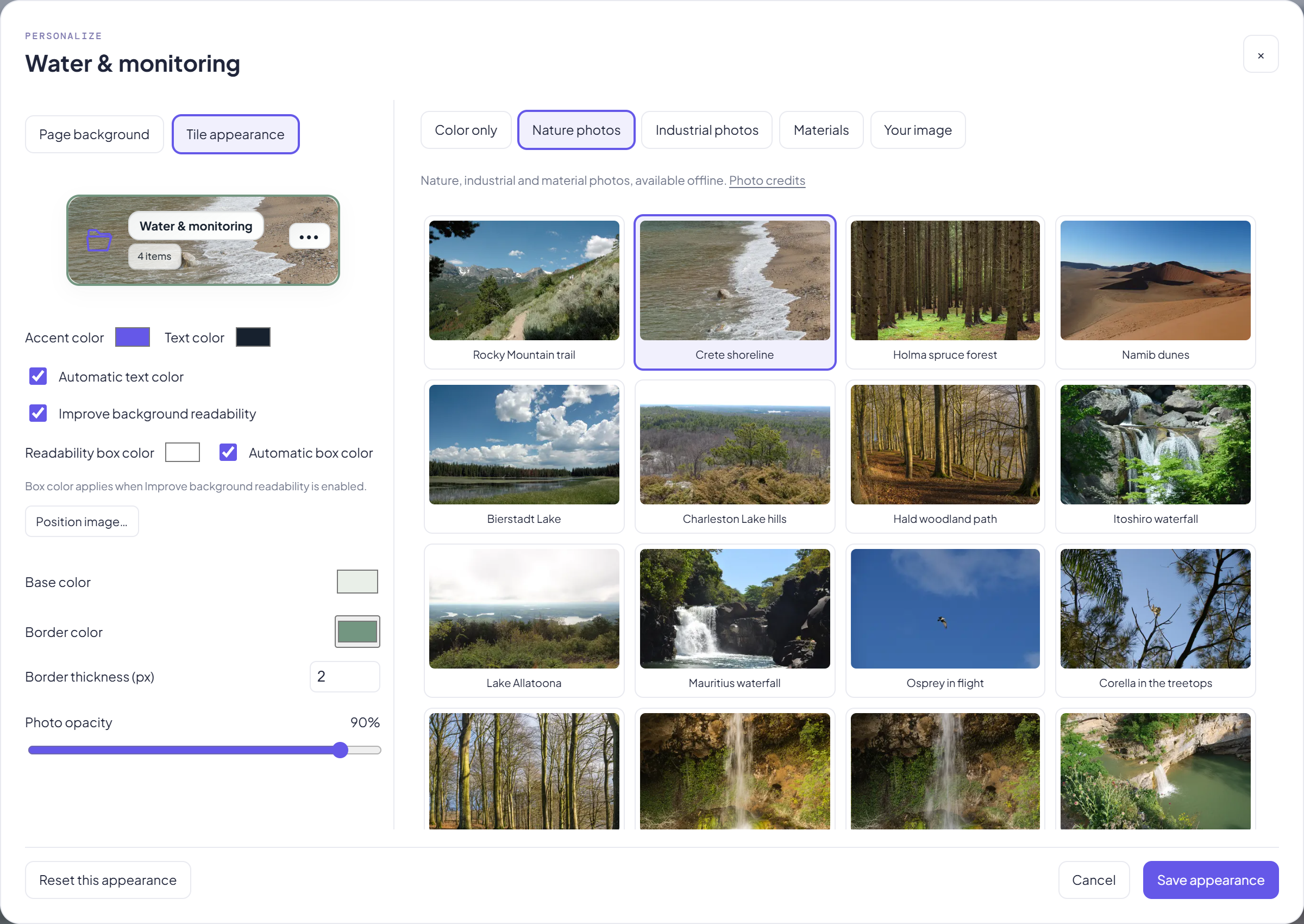 Actual appearance editor showing photo choices, tile preview, border controls, opacity and text readability