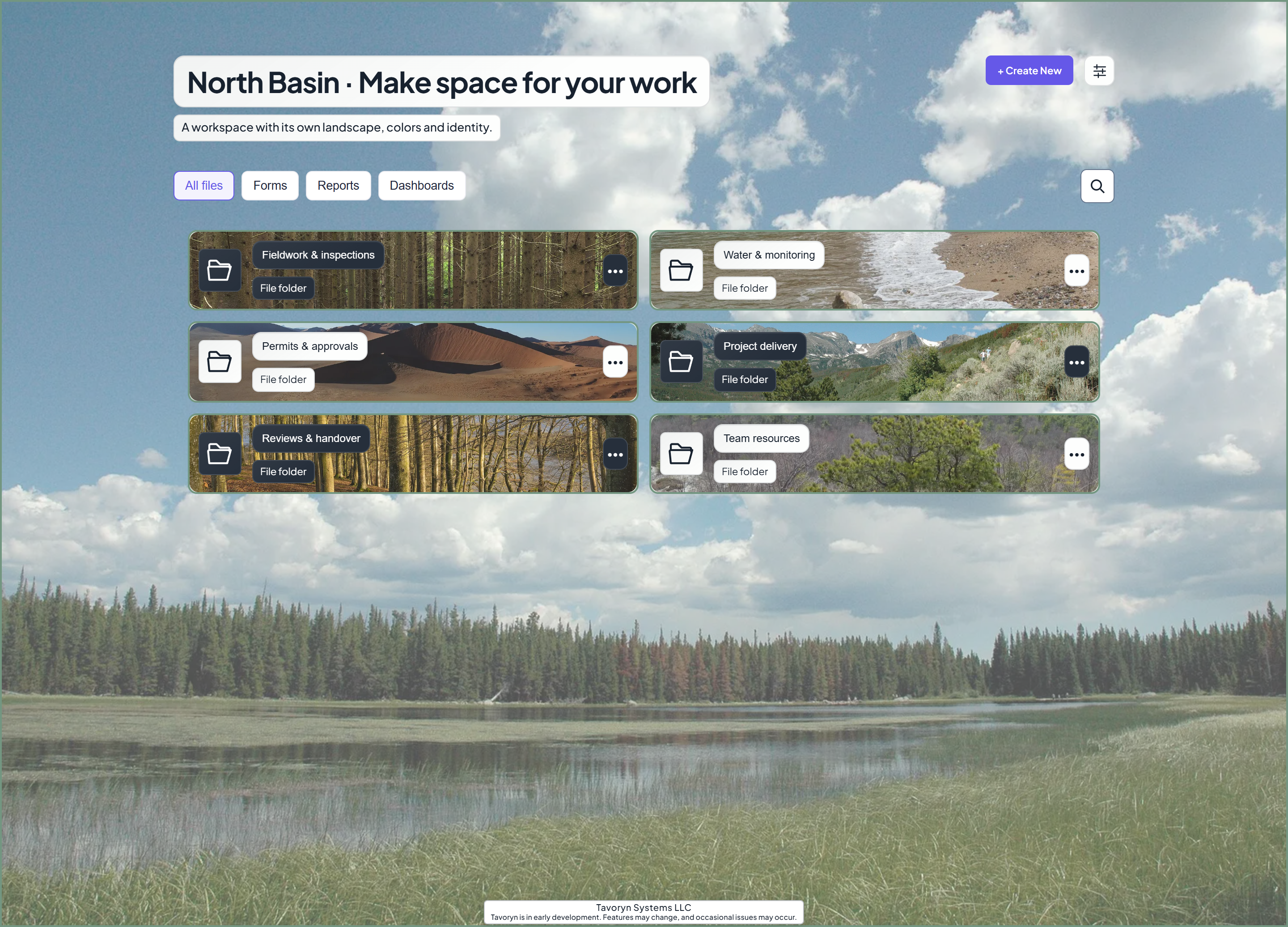 Actual personalized workspace with a lake background and six folder tiles styled with different photos