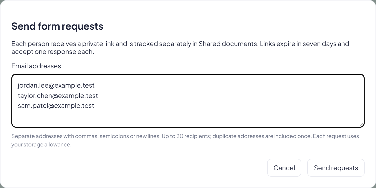 Actual Send form requests dialog with three illustrative recipients and private one-response links