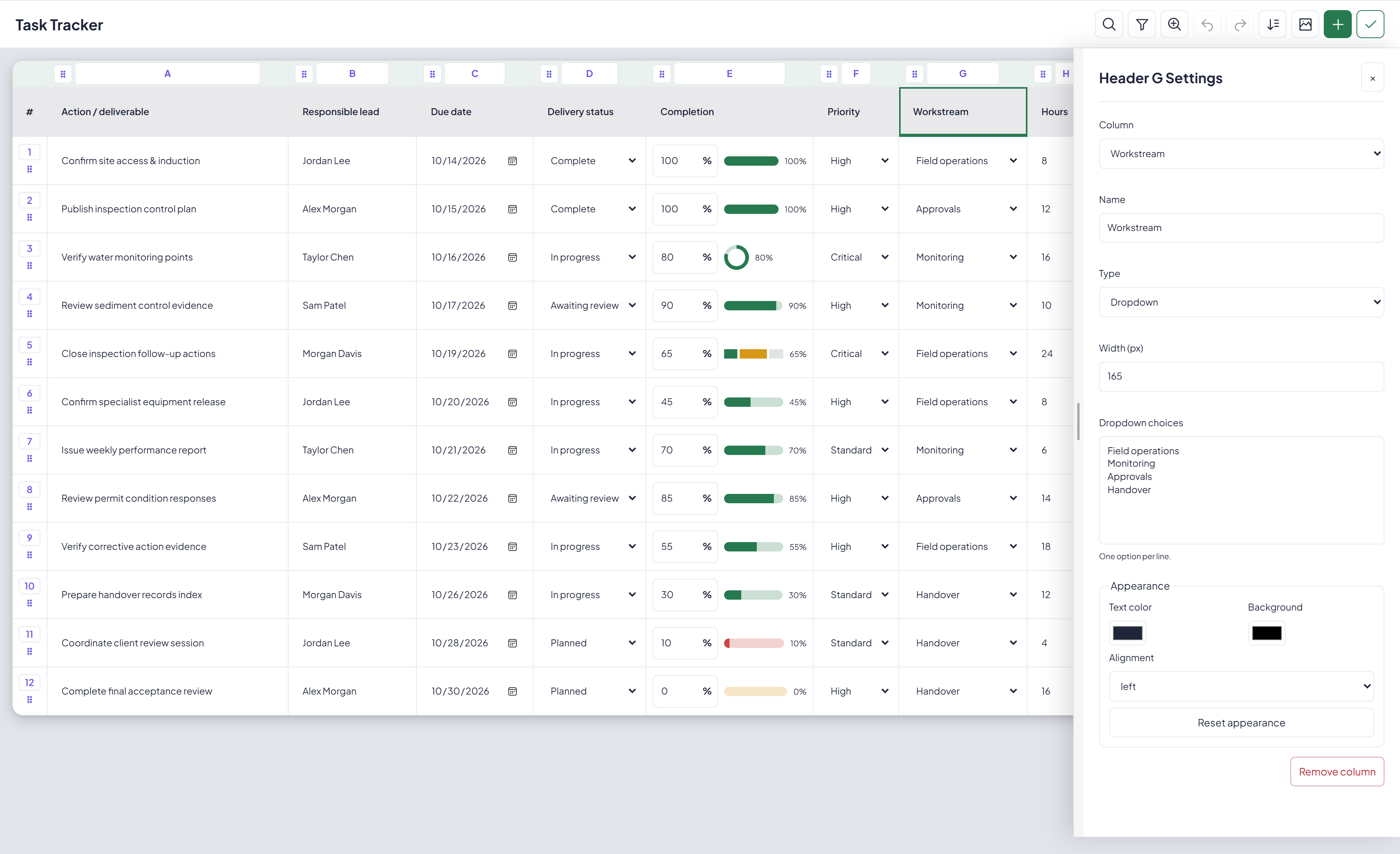 Actual Workstream column settings with dropdown choices beside the populated Task Tracker